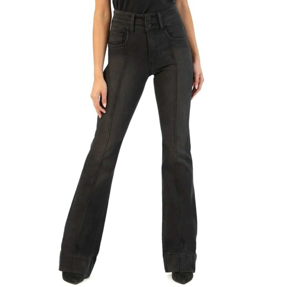 KUT from the Kloth Ana High-Rise Flare Jeans Double Waistband Black Size 4 NWOT